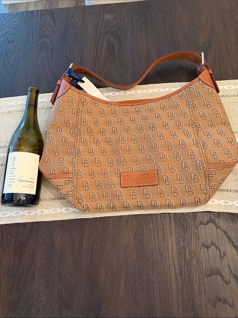 Large Dooney & Bourke Brown Signature Canvas Hobo with Leather Trim
